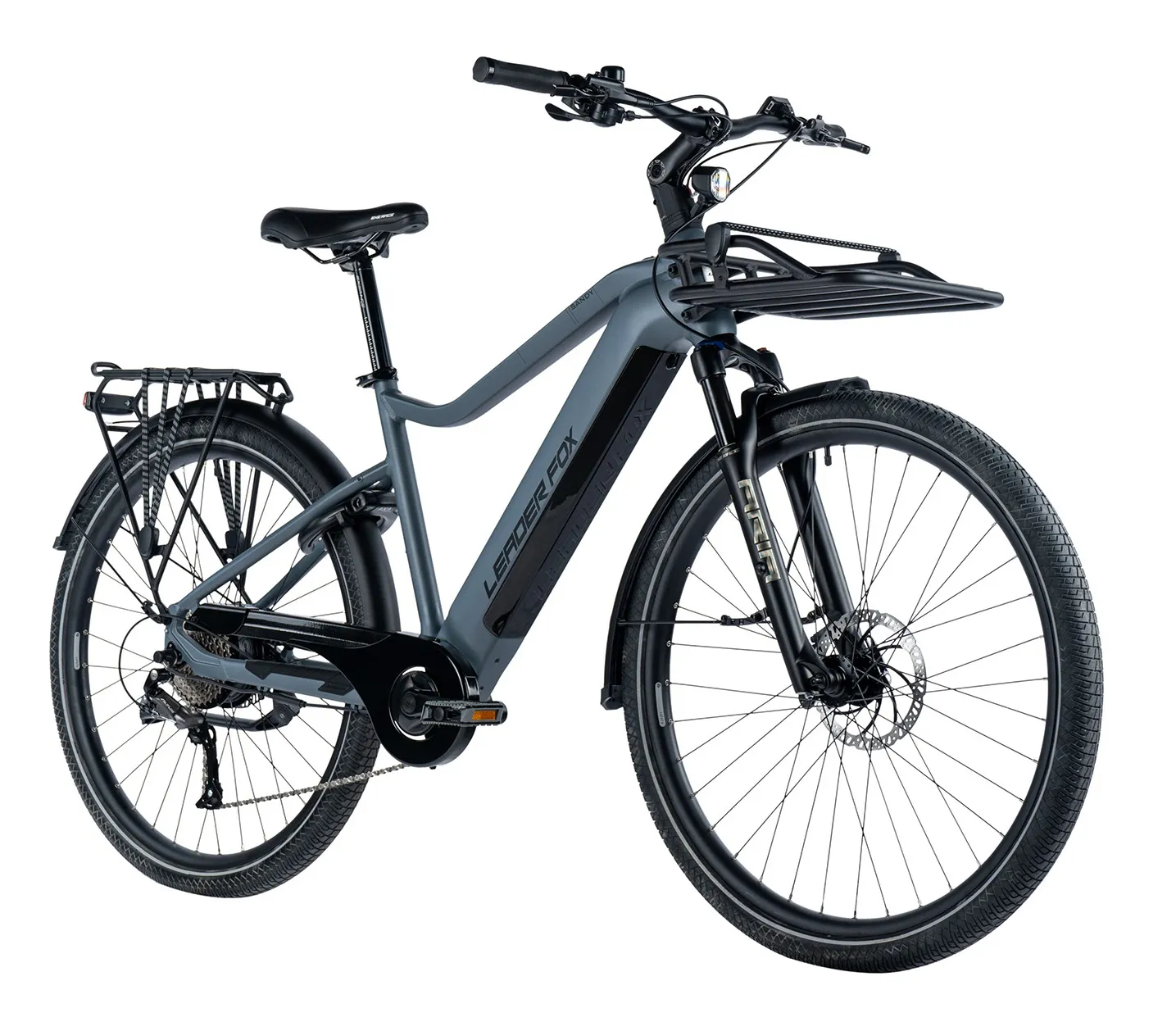 Bicicleta eléctrica de trekking para hombre Leader Fox SANDY de 28″ color gris mate talla 19″