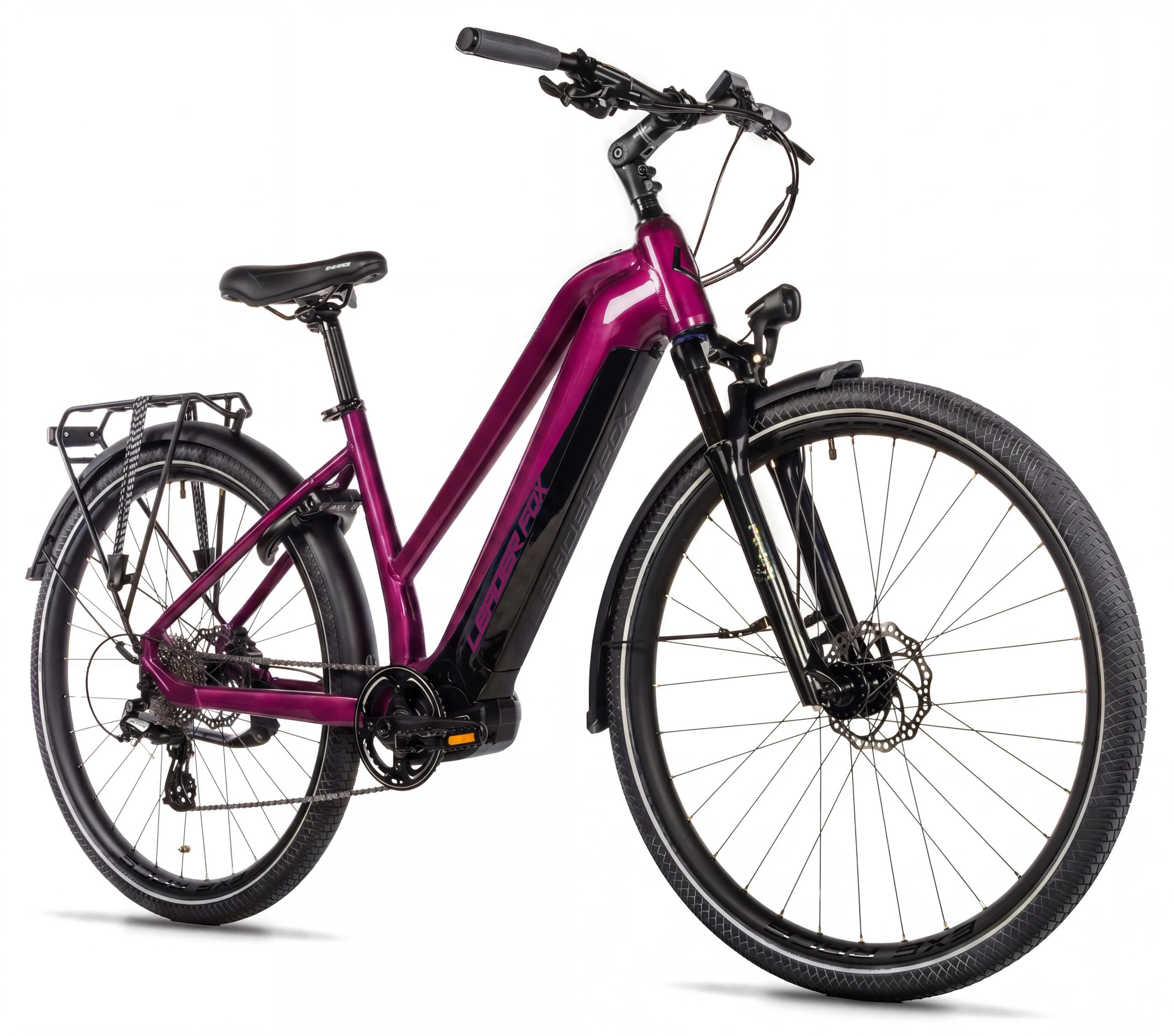 Bicicleta eléctrica trekking ebike Leader Fox EXETER 28″ color violeta talla 18″ Lady
